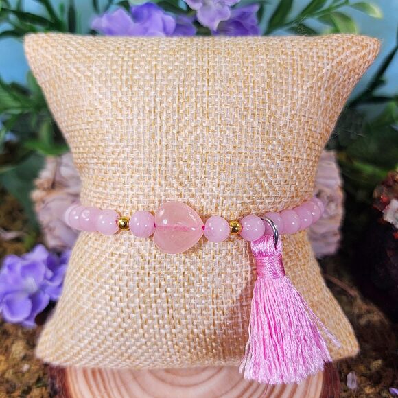 Rose Quartz Heart Tassel Bracelet #15 - Picture 1 of 2